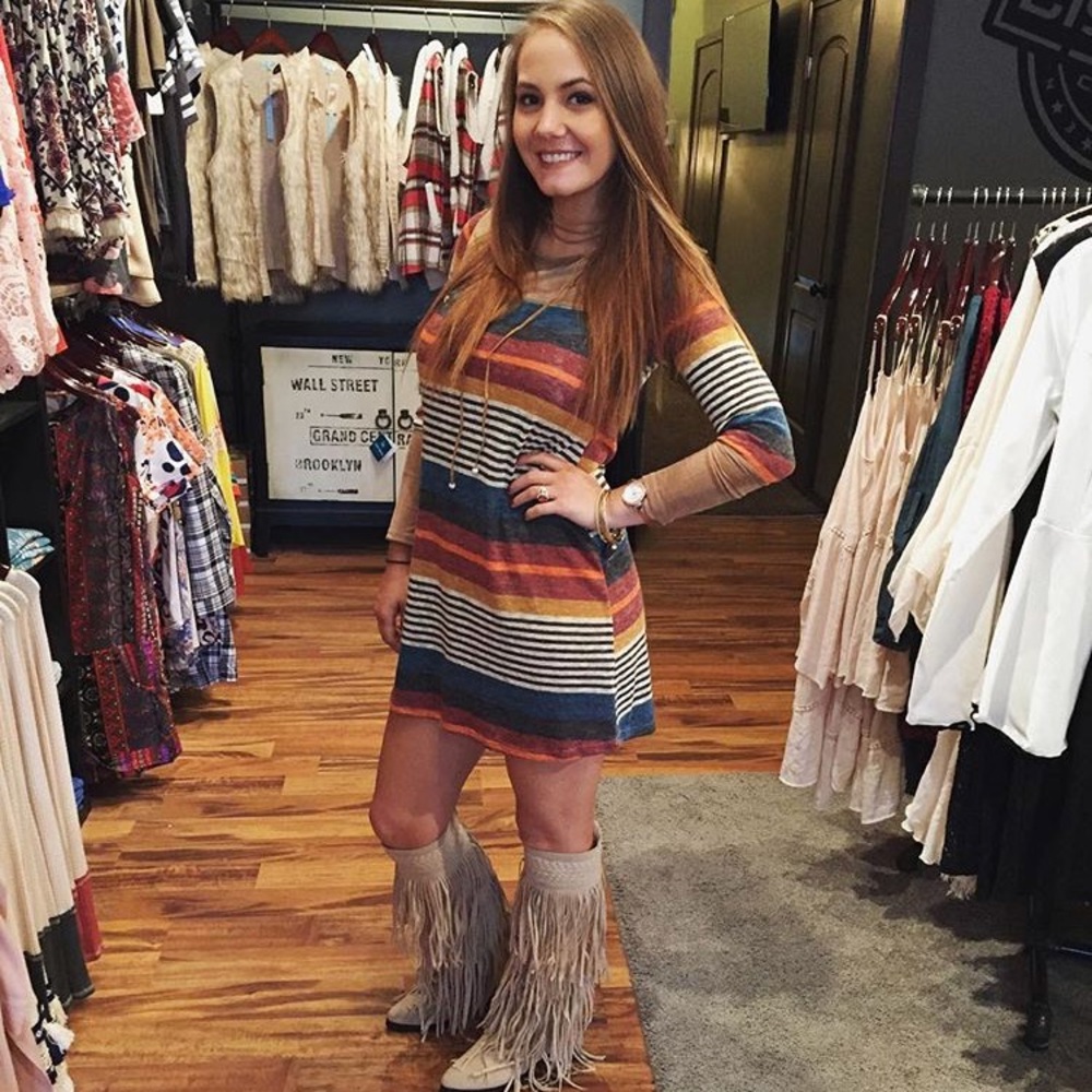 Multicolor stripe dress with suede accent